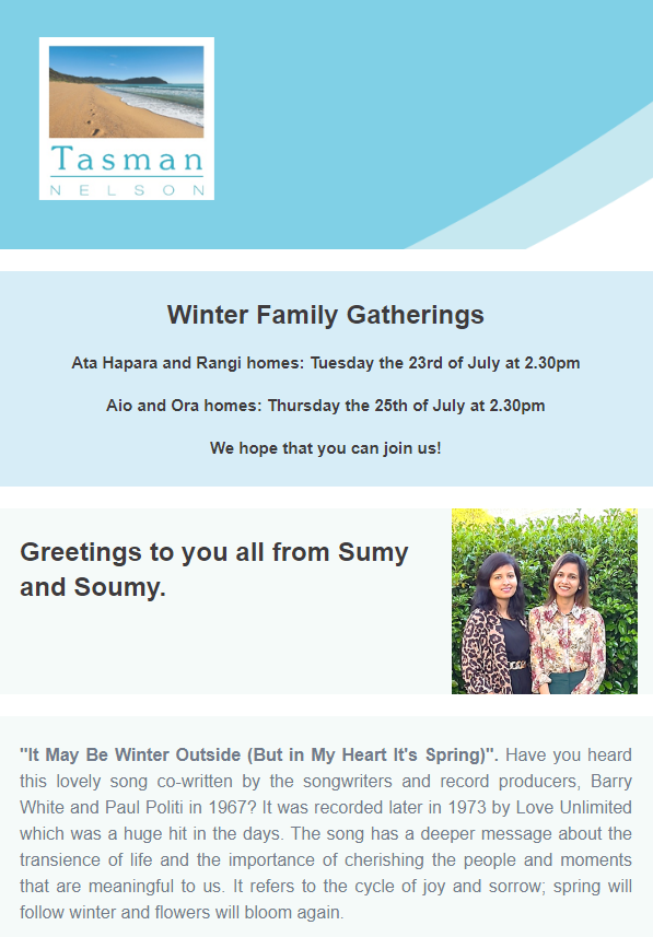 Tasman Rest Home and Dementia Care newsletter